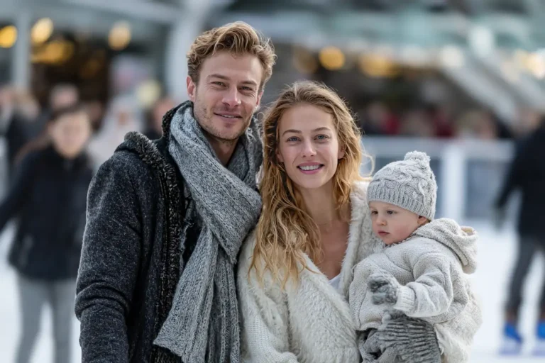 Marché de Noël 2025, La Défense, un couple avec un très jeune enfant se font prendre en photo sur la patinoire.
