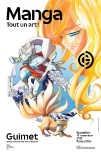 Manga. Tout un art, fascinant et ancestral, trois personnages sur l'affiche, le 1er sur la droite en orange et jaune, le second un super héros qui projette de la glace, un troisième en dessous, un renard dont les 9 queues forment des flammes, ce dernier est à l'origine issu d'une ancienne statue japonaise du 19ème