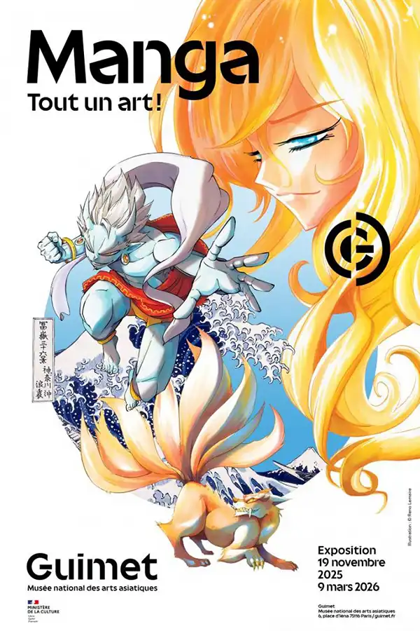 Manga. Tout un art, fascinant et ancestral, trois personnages sur l'affiche, le 1er sur la droite en orange et jaune, le second un super héros qui projette de la glace, un troisième en dessous, un renard dont les 9 queues forment des flammes, ce dernier est à l'origine issu d'une ancienne statue japonaise du 19ème