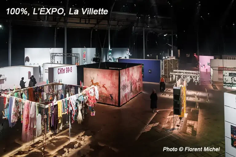 100% L'EXPO, la Villette, Vue de l'expo, fond très sombre et vue de quelques stands, crédit photo Florent Michel