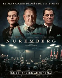 Nuremberg, le film à ne pas rater en 2026, affiche, 3 hommes, en dessous le tribunal de Nuremberg, ambiance sombre, vert et noir