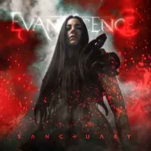 Evanescence revient avec Sanctuary (2026) pochette, la chanteuse Evanescence, de face, plan serré, vêtements sombres, sur fond rouge de lave de l'enfer et vapeur blanche en ambiance