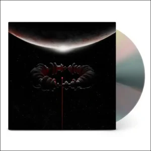 Album de Muse, The Wow! Signal, 2026. une planète sombre éclaire un espace noir étoilé. Au centre, une structure mécanique aux reflets rouges et noirs. Vinyle irisé visible sur le côté."