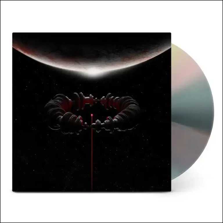 Album de Muse, The Wow! Signal, 2026 Album de Muse, The Wow! Signal, 2026. une planète sombre éclaire un espace noir étoilé. Au centre, une structure mécanique aux reflets rouges et noirs. Vinyle irisé visible sur le côté."