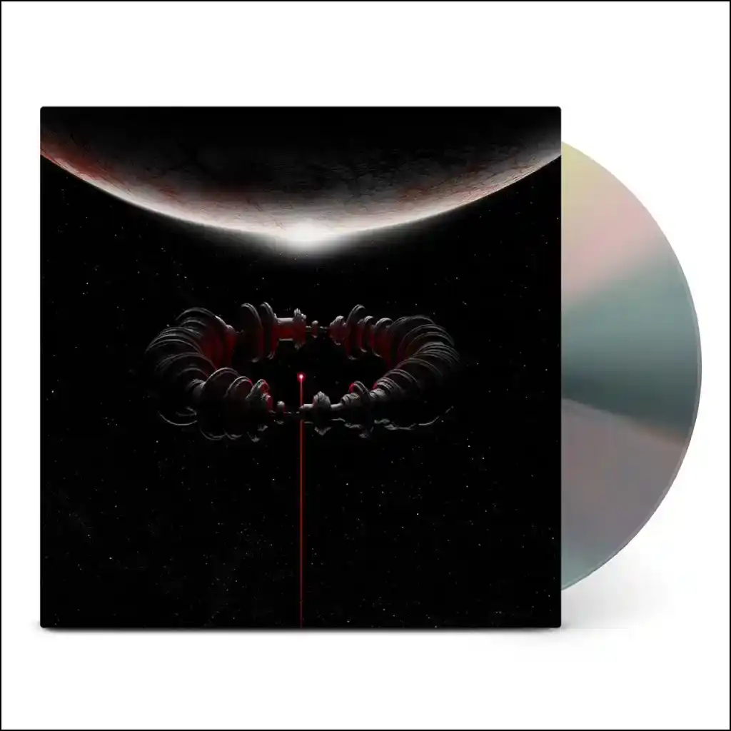 Accueil Album de Muse, The Wow! Signal, 2026. une planète sombre éclaire un espace noir étoilé. Au centre, une structure mécanique aux reflets rouges et noirs. Vinyle irisé visible sur le côté."