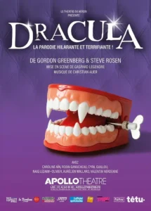 Dracula, la parodie hilarante et terrifiante, en 2026, affiche, un dentier mécanique rose et rouge, avec des dents de vampire, sur une couleur dégradée de mauve