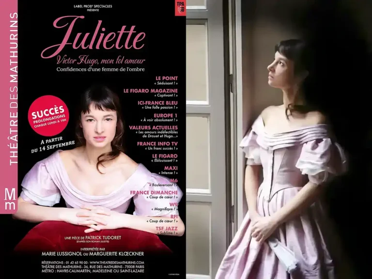 Prolongation, Juliette, Hugo mon fol amour, à gauche l'affiche et à droite Marie Lussignol en costume de Juliette