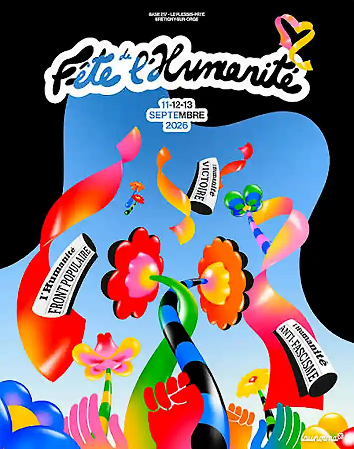 Accueil La Fête de l’Humanité, version 2026, petites fleurs colorées et slogan sur fond blanc, Ambiance du fond d'affiche, ciel bleu versus un ciel noir.