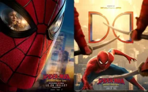 Critique : Spider-Man : Brand New Day - 2026, montage de 2 affiches du film, accolées. à gauche gros plan du masque de Spider- man avec le visage de MJ dans l'oeil droit. à droite, Spider en haut d'un immeuble face à des méchants, sabre samouraï à la main.