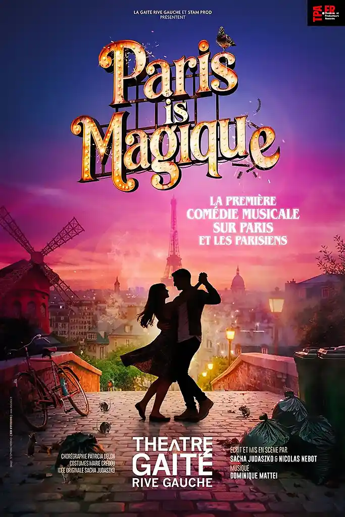 Accueil “Paris is Magique”, en 2026, notre critique, affiche colorée montrant un couple dansant à Paris, avec la Tour Eiffel, des rats et des poubelles en clin d'œil."