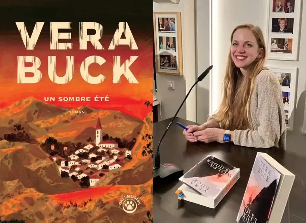 Un sombre été, de Vera Buck, août 2026, montage pour illustration, couverture du roman et à droite, portrait de la romancière lors d'une séance de dédicaces
