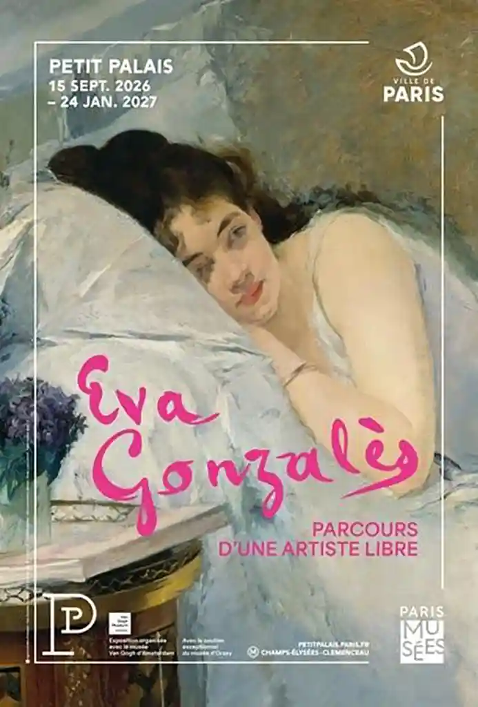 Accueil Eva Gonzalès au Petit Palais, 2026, affiche, Tableau une jeune fille au réveil, coupé pour les besoins de l'affiche Off, tons pastel identique l'œuvre originale, titre de l'expo : Eva Gonzalès, parcours d'une artiste libre en rose foncé.