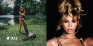 B’Day de Beyoncé : 20 ans après, Montage visuel pour les 20 ans de B'Day de Beyoncé. À gauche, la chanteuse en maillot de bain tenant un alligator, le titre de l'album près de sa mâchoire. À droite, portrait iconique en gros plan. Un album à l'énergie brute et sauvage