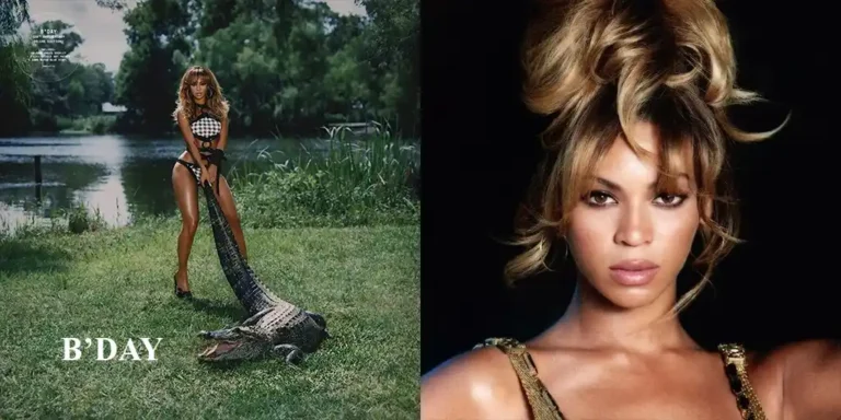 B’Day de Beyoncé : 20 ans après, Montage visuel pour les 20 ans de B'Day de Beyoncé. À gauche, la chanteuse en maillot de bain tenant un alligator, le titre de l'album près de sa mâchoire. À droite, portrait iconique en gros plan. Un album à l'énergie brute et sauvage