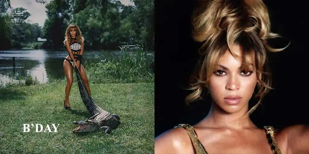 Accueil B’Day de Beyoncé : 20 ans après, Montage visuel pour les 20 ans de B'Day de Beyoncé. À gauche, la chanteuse en maillot de bain tenant un alligator, le titre de l'album près de sa mâchoire. À droite, portrait iconique en gros plan. Un album à l'énergie brute et sauvage