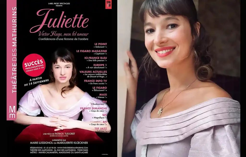 Juliette : Hugo mon fol amour on en parle ? Montage de l'affiche de la pièce sur la gauche et sur la droite une photo, 3/4 profil, de Marie Lussignol, dans sa robe rose d'époque, pour la représentation, qui nous regarde avec des yeux pétillants et avec un large sourire.