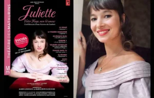 Juliette : Hugo mon fol amour on en parle ? Montage de l'affiche de la pièce sur la gauche et sur la droite une photo, 3/4 profil, de Marie Lussignol, dans sa robe rose d'époque, pour la représentation, qui nous regarde avec des yeux pétillants et avec un large sourire.