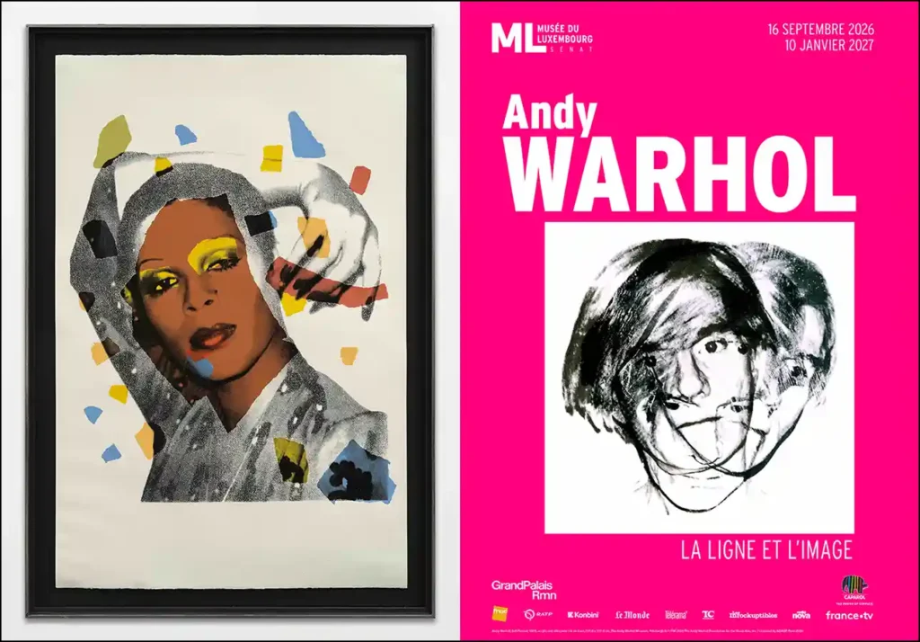 Montage pour l'exposition Andy Warhol, La Ligne et l'Image au musée du Luxembourg (du 16 septembre 2026 au 10 janvier 2027). À gauche, une œuvre pop art encadrée ; à droite, l'affiche officielle rose vif avec un autoportrait de l'artiste."