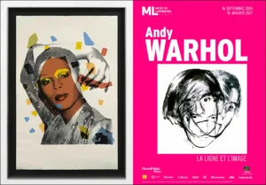 Montage pour l'exposition Andy Warhol, La Ligne et l'Image au musée du Luxembourg (du 16 septembre 2026 au 10 janvier 2027). À gauche, une œuvre pop art encadrée ; à droite, l'affiche officielle rose vif avec un autoportrait de l'artiste."
