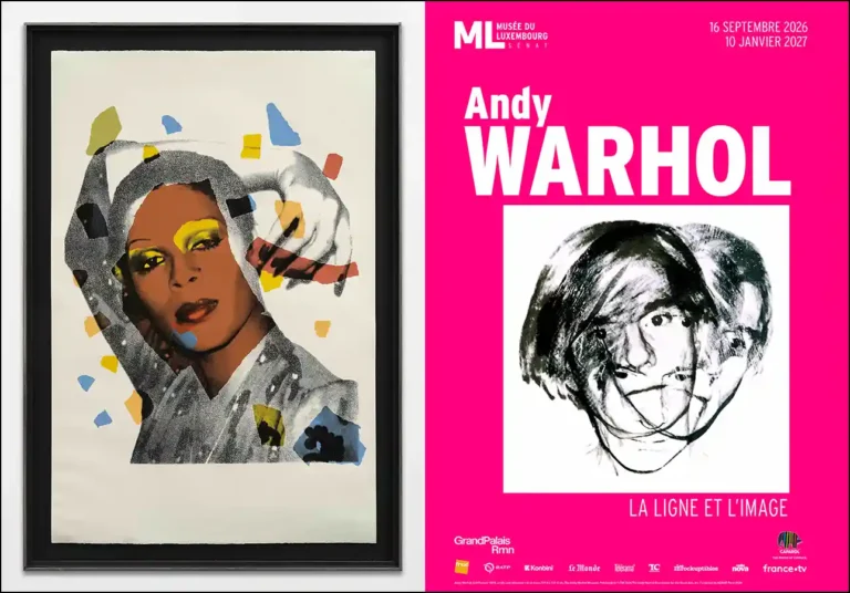 Montage pour l'exposition Andy Warhol, La Ligne et l'Image au musée du Luxembourg (du 16 septembre 2026 au 10 janvier 2027). À gauche, une œuvre pop art encadrée ; à droite, l'affiche officielle rose vif avec un autoportrait de l'artiste."