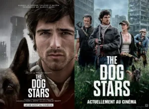 Film The Dog Stars de Ridley Scott. À gauche, le visage de Jacob Elordi et son berger allemand. À droite, le groupe de survivants armés dans un décor post-apocalyptique. Sortie au cinéma, en France, le 26 août."