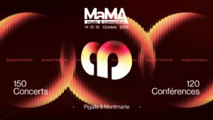Affiche officielle du MaMA Music & Convention 2026 (14-16 octobre). Un design dynamique aux ondes sonores rouge et or annonce 150 concerts et 120 conférences dans les quartiers de Pigalle et Montmartre