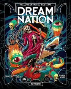 Affiche du Dream Nation Halloween Music Festival 2026, les 30 et 31 octobre à Paris Nord. Illustration psychédélique et horrifique d'un squelette en cape rouge chevauchant un requin, entouré de créatures marines monstrueuses et d'yeux géants