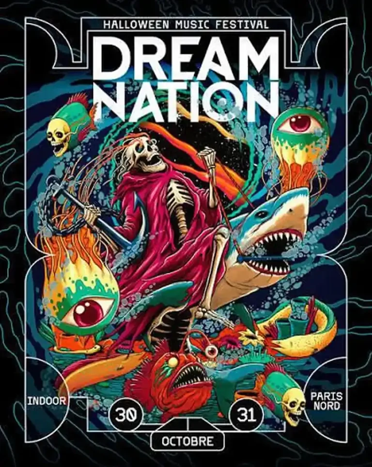 Affiche du Dream Nation Halloween Music Festival 2026, les 30 et 31 octobre à Paris Nord. Illustration psychédélique et horrifique d'un squelette en cape rouge chevauchant un requin, entouré de créatures marines monstrueuses et d'yeux géants