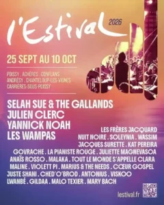 L’Estival 2026, un festival francophone, affiche en 3 tons orange rouge/rose, violet lettres d'annonces blanches
