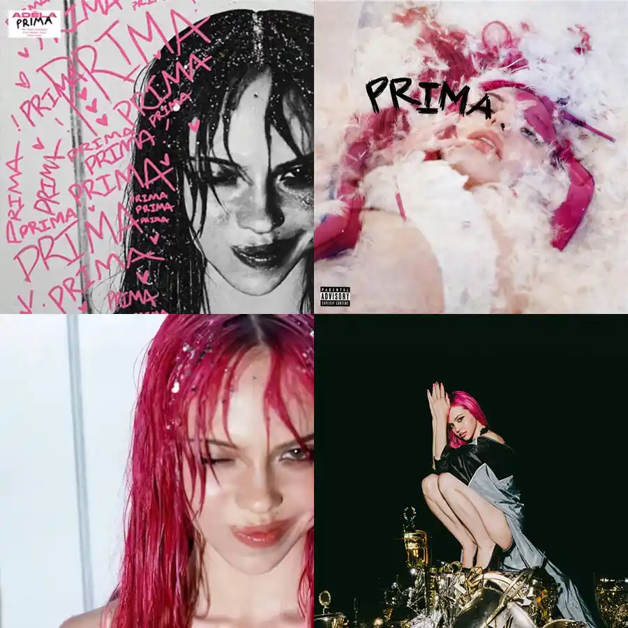 Accueil Adéla : Prima, une ballerine dans la pop. Montage de quatre photos promotionnelles de la chanteuse Adéla pour son premier album PRIMA, illustrant son univers pop, ses cheveux roses et son style audacieux.