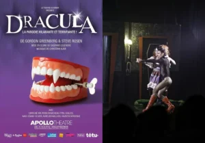 Dracula une pièce à l’humour second degré, Montage, à gauche l'affiche d'un dentier avec des dents de vampire, à droite Dracula danse avec une de ses futures victimes