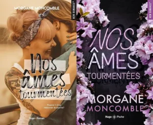 Nos âmes tourmentées : avis d’octobre 2026, montage des 2 couverture du livres, broché puis poche. Sur le 1er un couple s'enlace, ambiance chaude jaune orangée. Sur le poche deux tiges de fleurs mauves, face à face.