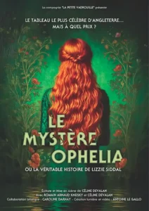 Le Mystère Ophélia, à Avignon, 2025, affiche. Une femme debout, de dos, aux longs cheveux roux sur fond vert
